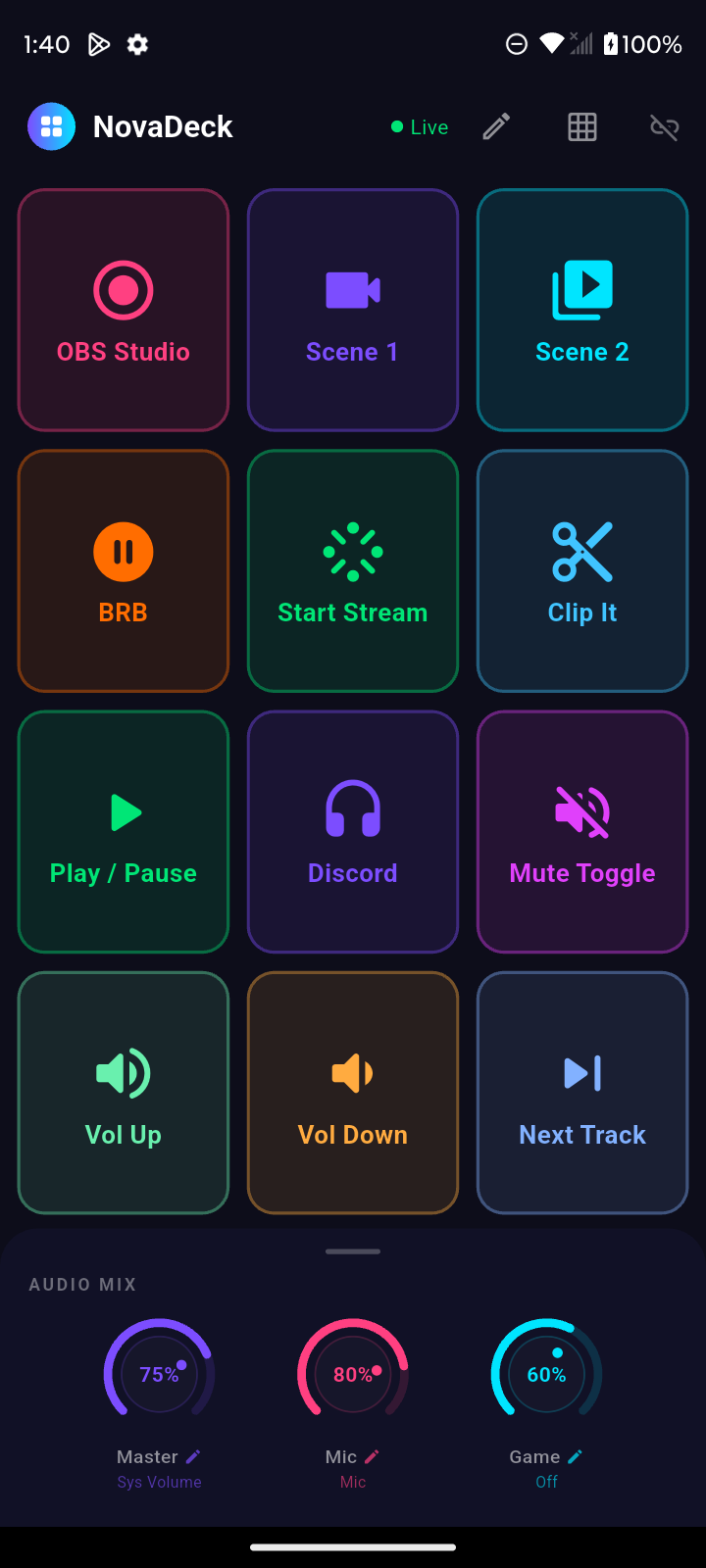 NovaDeck main deck with 15 customizable buttons and audio mixer